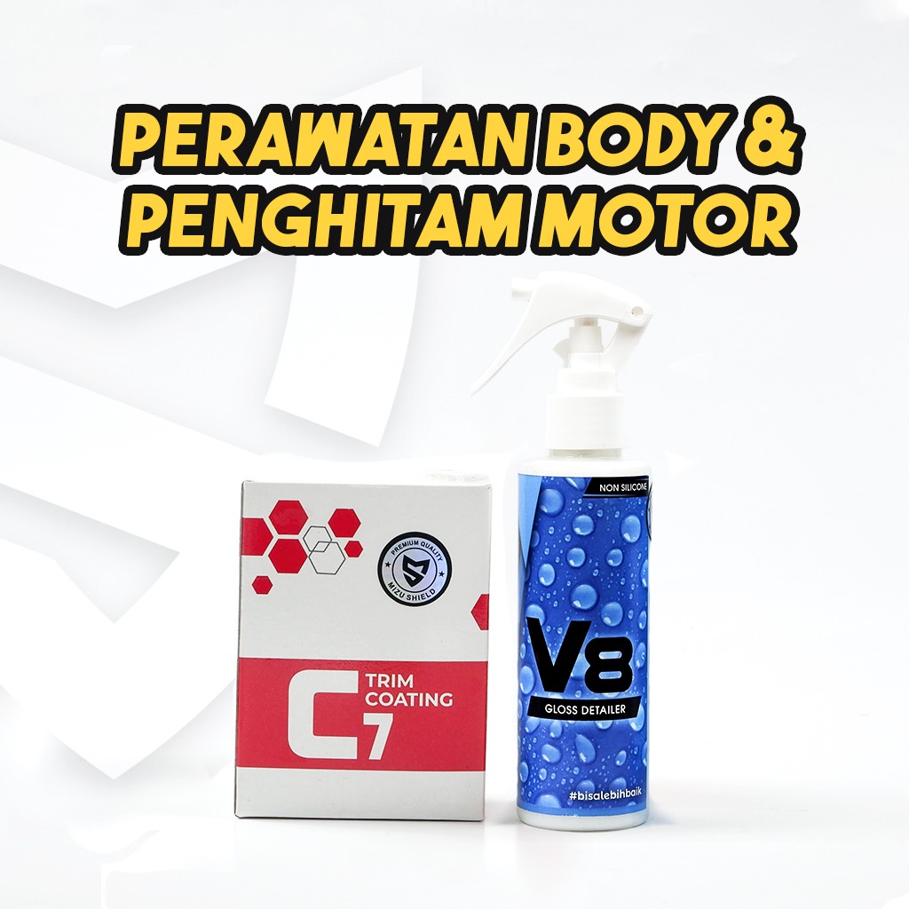 Pengkilap Body Motor & Mobil - Mizu Shield V8 - Pengkilap mobil/motor efek daun talas-140ml + C7 Penghitam