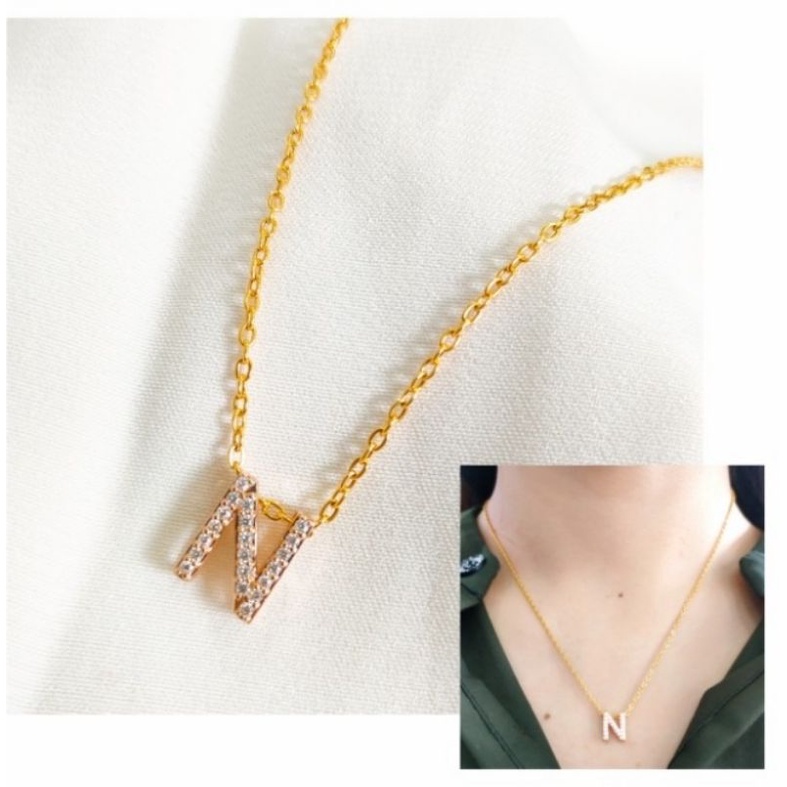 set kalung dan liontin wanita huruf N korean style emas asli