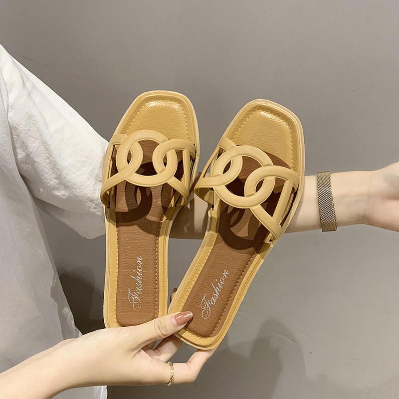 {Lav - S940} Sandal Fashion Model Bulat / Sandal Slip Wanita Motif Lingkaran / Sandal Slop Cewek-Coklat