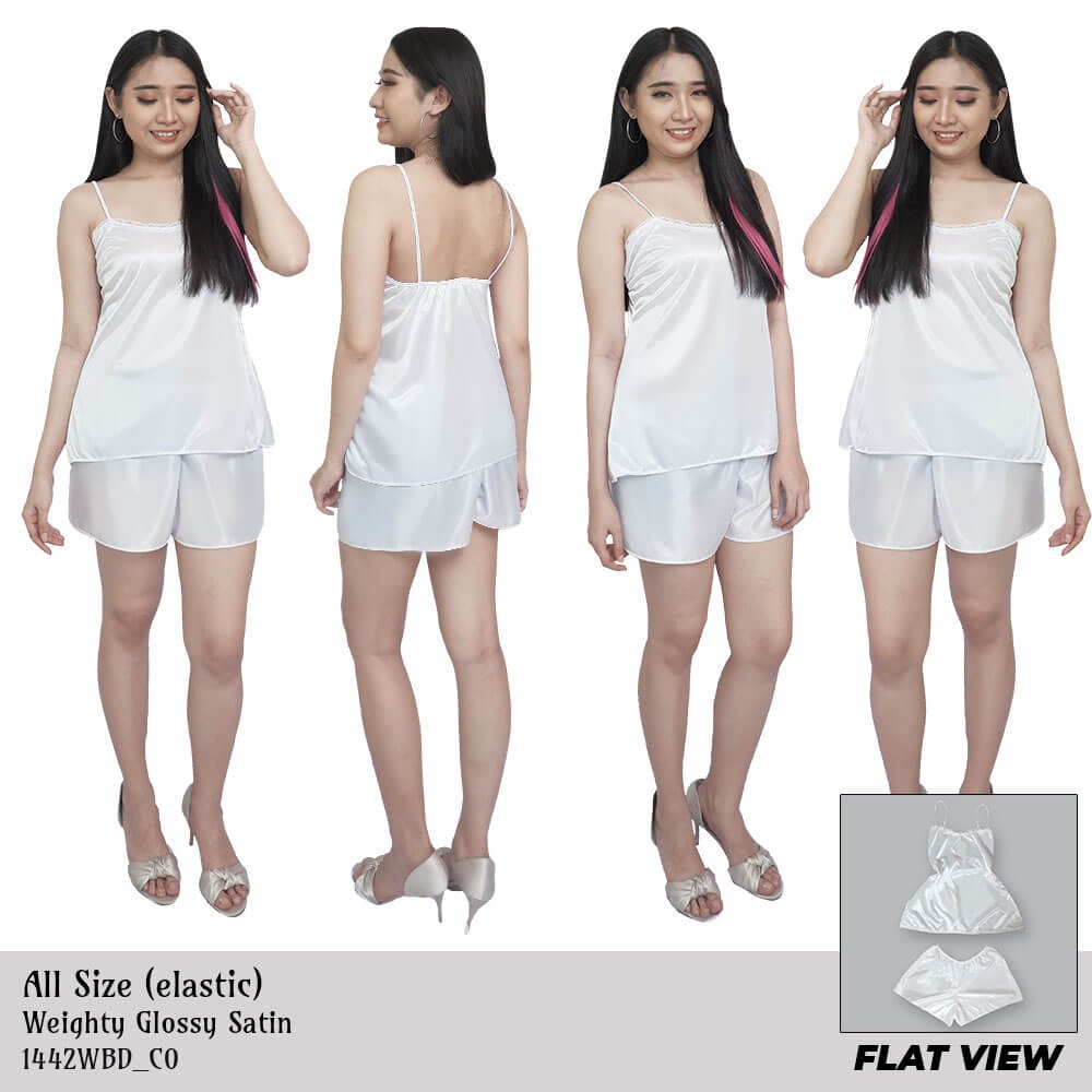 Setelan baju tidur wanita piyama tanktop sexy dan celana pendek satin white 1442WBD