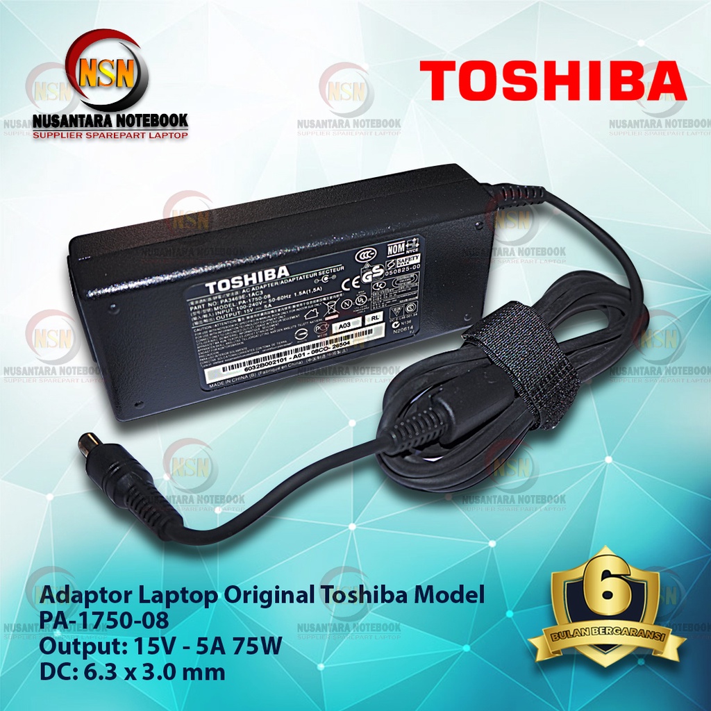 Adaptor Charger Original Toshiba 15V - 5A 75W DC 6.3*3.0 mm