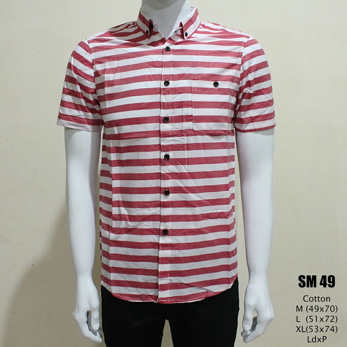 Kemeja atasan pria / cowok motif k lengan pendek garis garis putih merah slimfit untuk kerja kantor