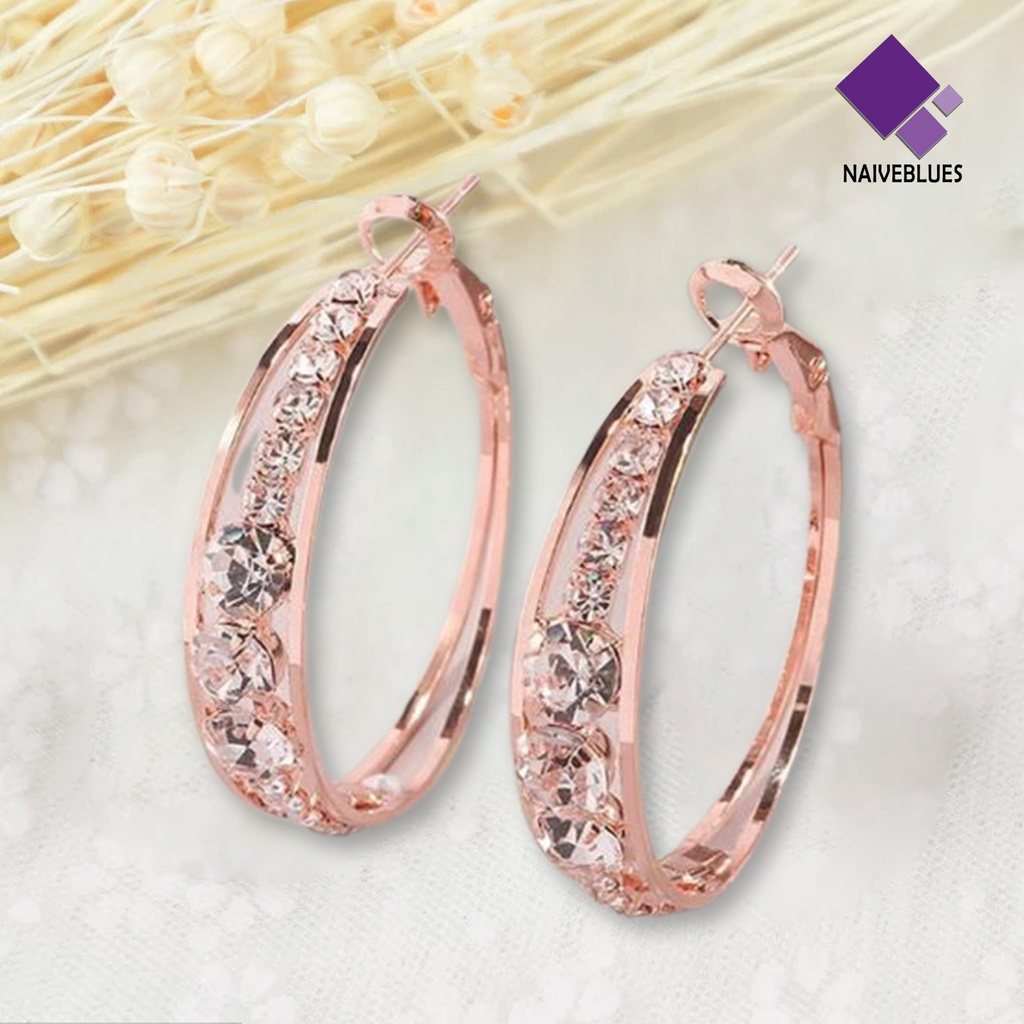 Naiveblue 1 Pasang Anting Bulat Rose Gold Hias Berlian Imitasi Untuk Wanita