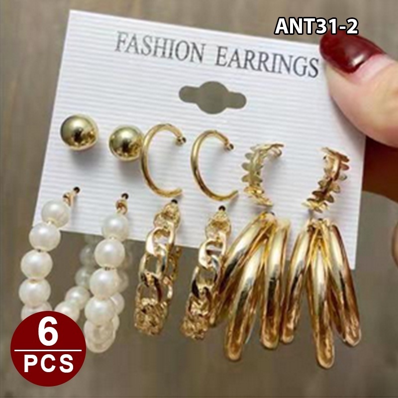 1set 6pasang Anting Wanita korea GIWANG Tusuk Gantung Bohemia Desain Geometri Hias Rumbai Alloy Wanita ANT31-ANT31-2