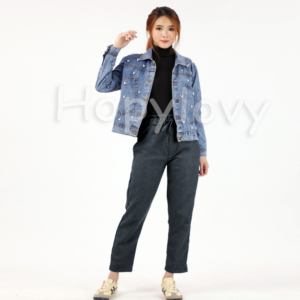 HOPYLOVY - Celana Panjang Wanita Katun Denim Full Pinggang Karet / Miya Pants