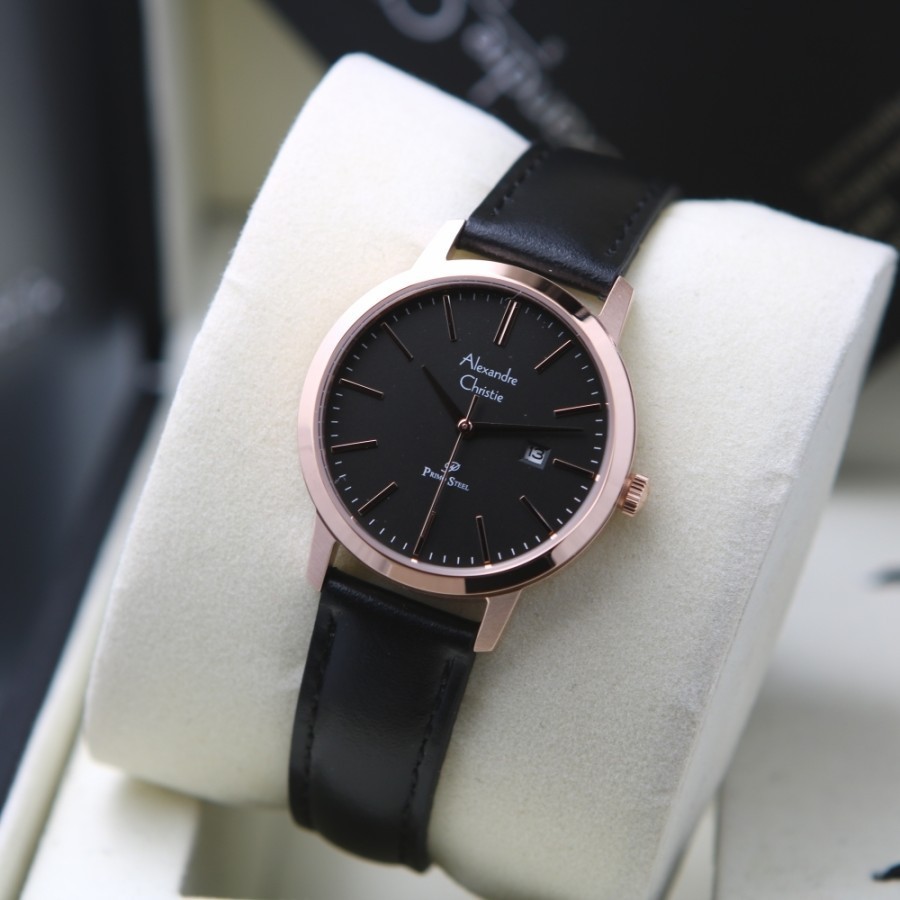 JAM TANGAN WANITA ALEXANDRE CHRISTIE AC 1007 / AC1007 ROSEGOLD BLACK LEATHER BLACK ORIGINAL