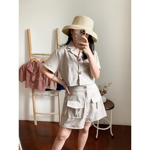 Genie Jennie Set - kemeja crop top wanita set celana pendek