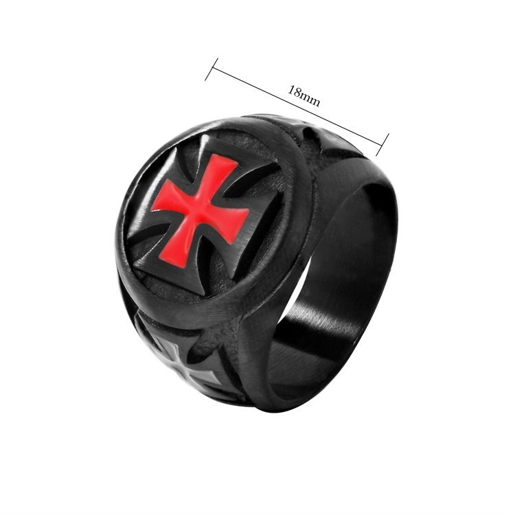 Cincin Bentuk Perisai Ksatria Templar Crusader Bahan Stainless Steel Warna Hitam Merah Untuk Pria