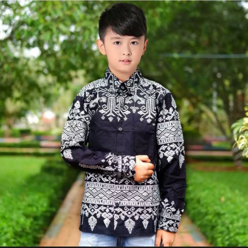 M L XL ATASAN KEMEJA BATIK ANAK COWOK LENGAN PANJANG MOTIF SONGKET ETNIK HITAM SILVER ABU PRADAA USI