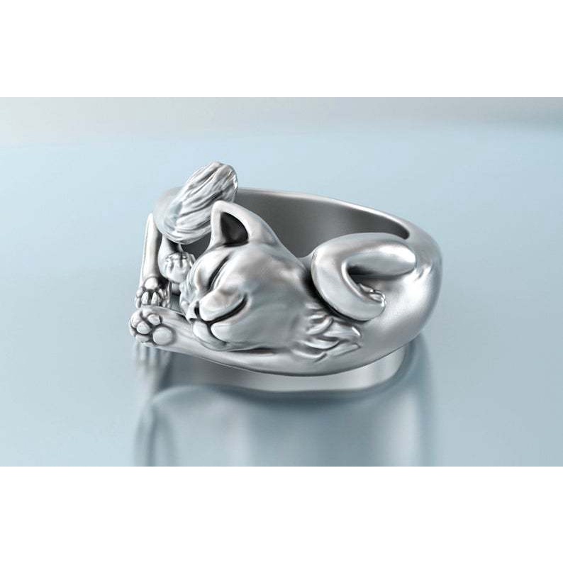 Cincin Model Terbuka Desain Kucing Hitam Totem Bahan Stainless Steel 925