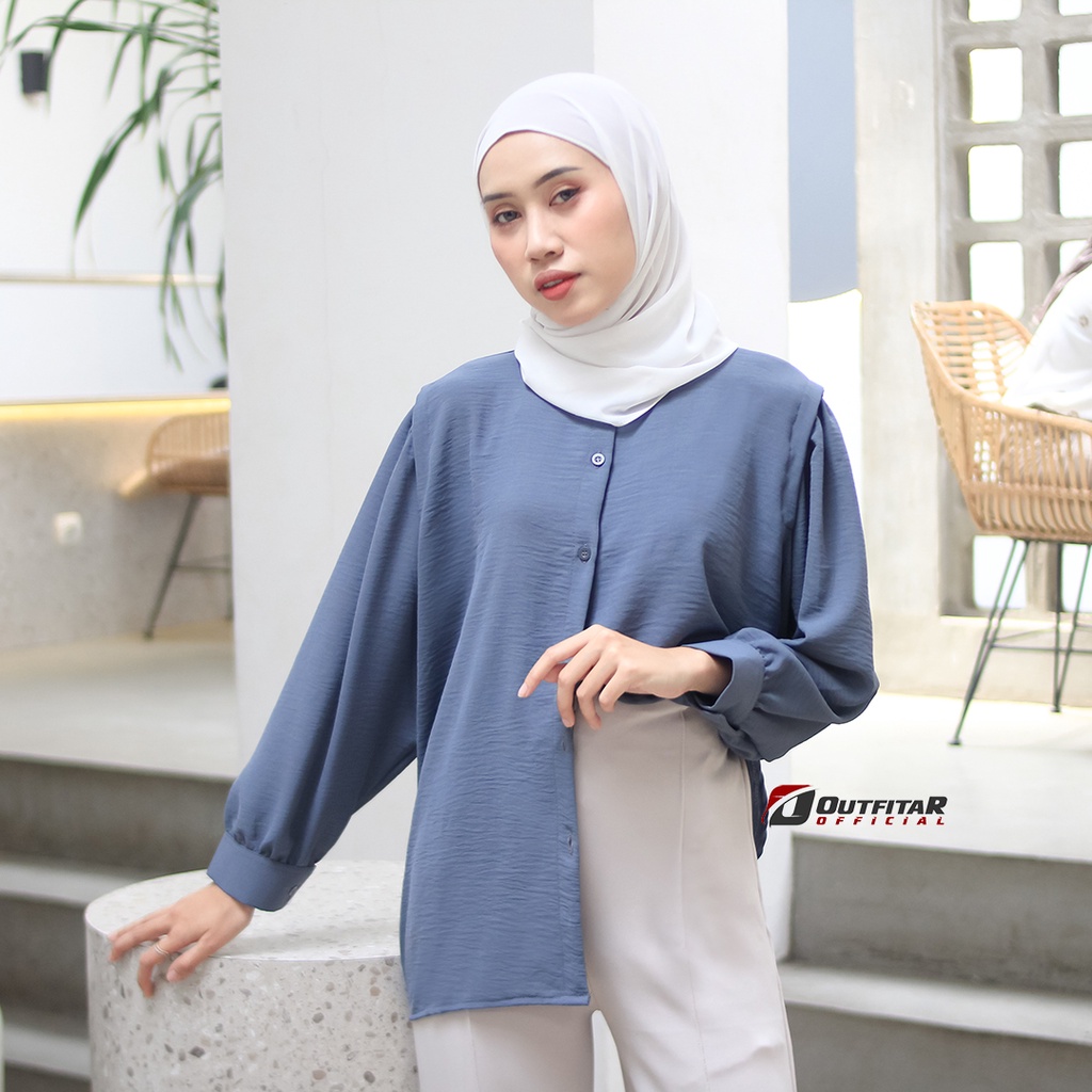 Kemeja Wanita Oversize Lesley River Blouse Oneck Longsleeve Hight Quality Premium