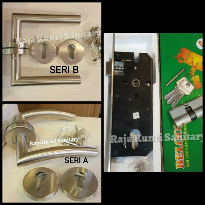 Paket Lengkap Handle Roses Stainless+Bodi Kunci Stainless SUS 304+Cylinder/Gagang Pintu/Tarikan