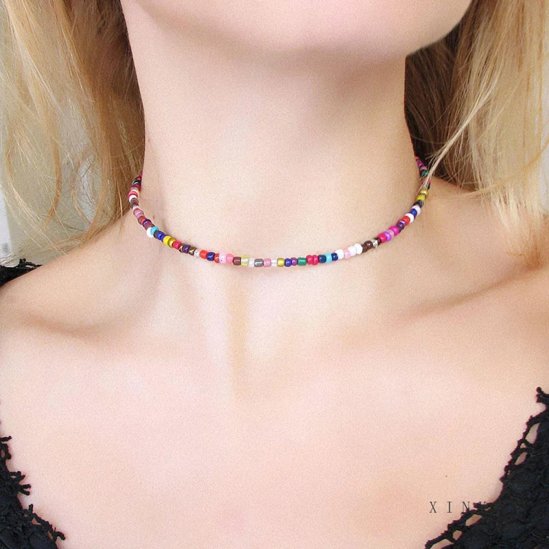 Retro Bunga Buatan Tangan Kalung Bohemian Rainbow Berwarna Manik-manik Kalung Pendek untuk Wanita Wanita Fashion Perhiasan