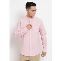 Kemeja Formal Pria Reguler Kain Katun Panjang Warna Pink M L XL