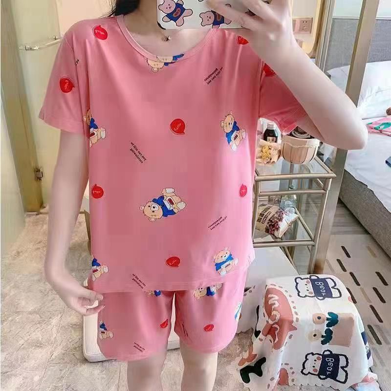Piyama Baju Tidur Import Wanita Fashion Sleepwear Spandex Stelan Rumah Baju Santai Celana Pendek z-HP-Cute Bear Pink