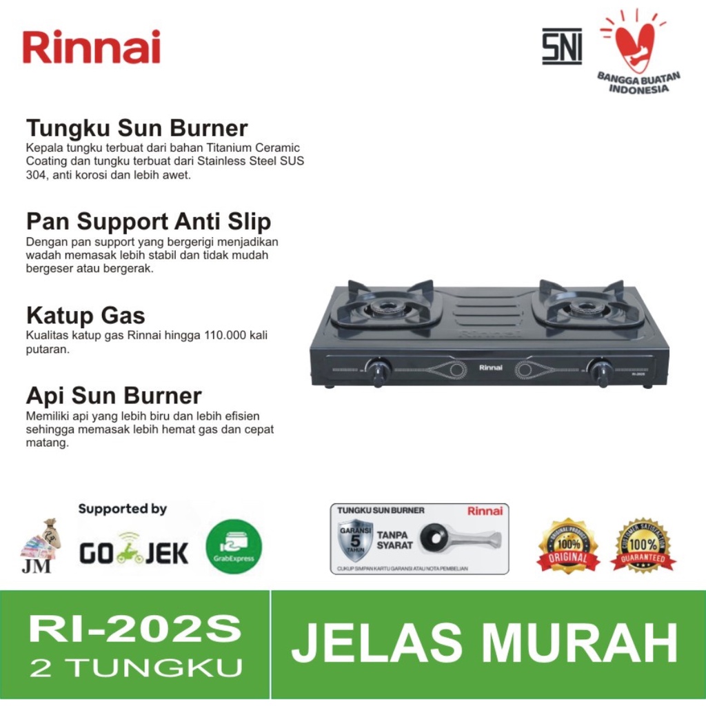 Rinnai Kompor Gas Stove Teflon 2 Tungku RI-202S - RI202 S - RI 202S - RI202S - RI 202 S - Hitam