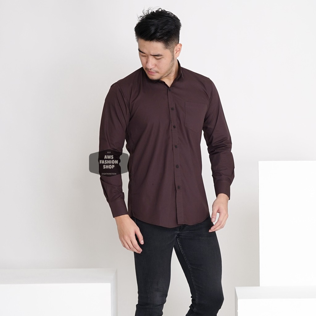  Kemeja  Pria  Lengan Panjang Polos  Coklat Tua Dark Brown 