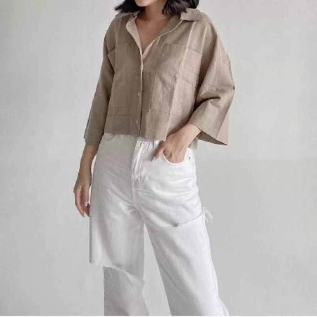 Kemeja Linen Crop Oversize Import Wanita Big Pocket Outer Atasan Wanita Lengan Panjang Kekinian LD 102 cm