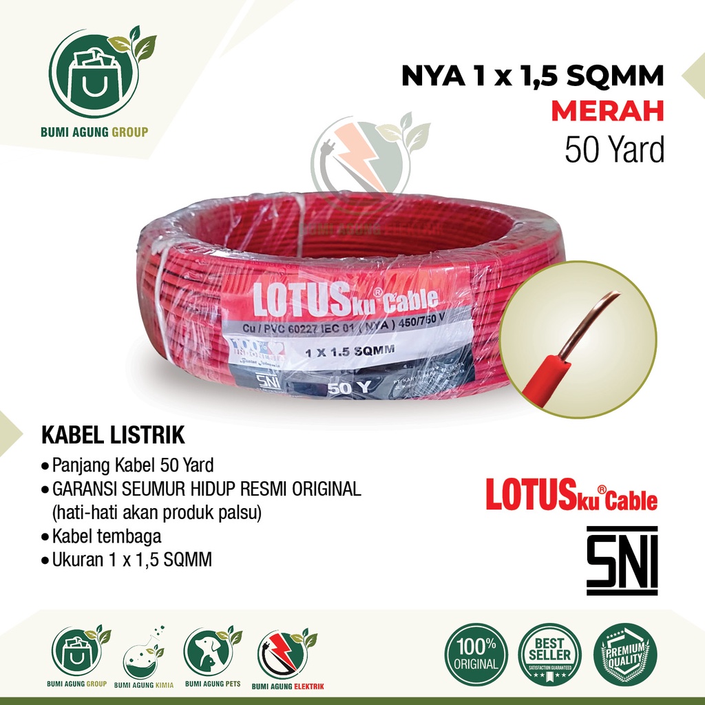 Kabel NYA 1.5mm 1,5mm LOTUSKU 50 Yard 1x1.5 1x1,5 1.5 1,5 50Y 50 Y bukan 50m 50 m 50 meter