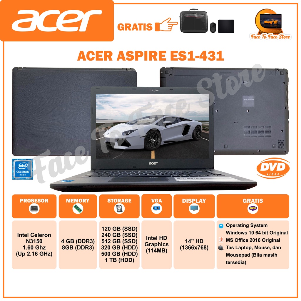 Laptop Terlaris.Acer Aspire ES1-431.Intel Celeron N3150.Ram 4GB/8GB.HDD 320GB/500GB/1TB  SSD 120GB/2