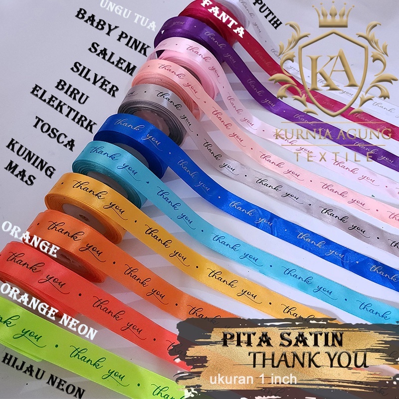 Pita kado THANK YOU (terimakasih) ukuran 1 inch dijual 1 roll dan 10 meter Tulisan Thank You pita kado souvenir