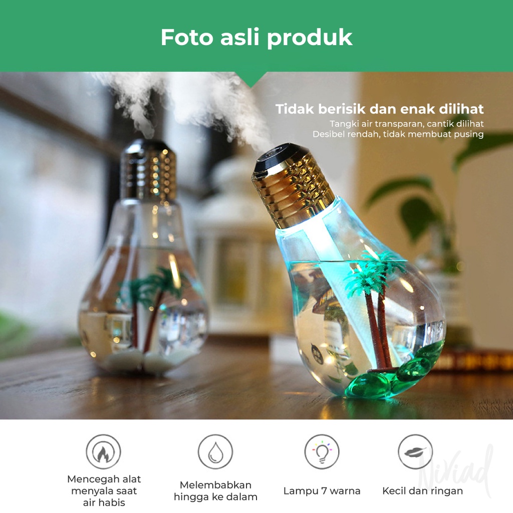 Bulb Humidifier Diffuser with LED Light Purifier Pelembab Udara