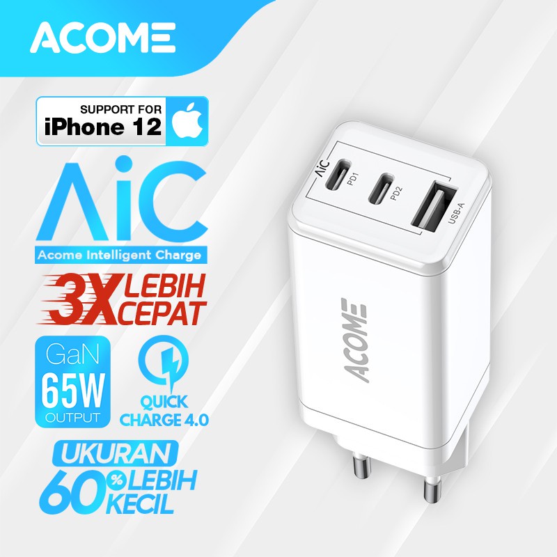 ACOME Charger GaN 65W Fast Charging QC3.0 PD VOOC 3 Ports Support Laptop/iPad Garansi Resmi 1 Tahun