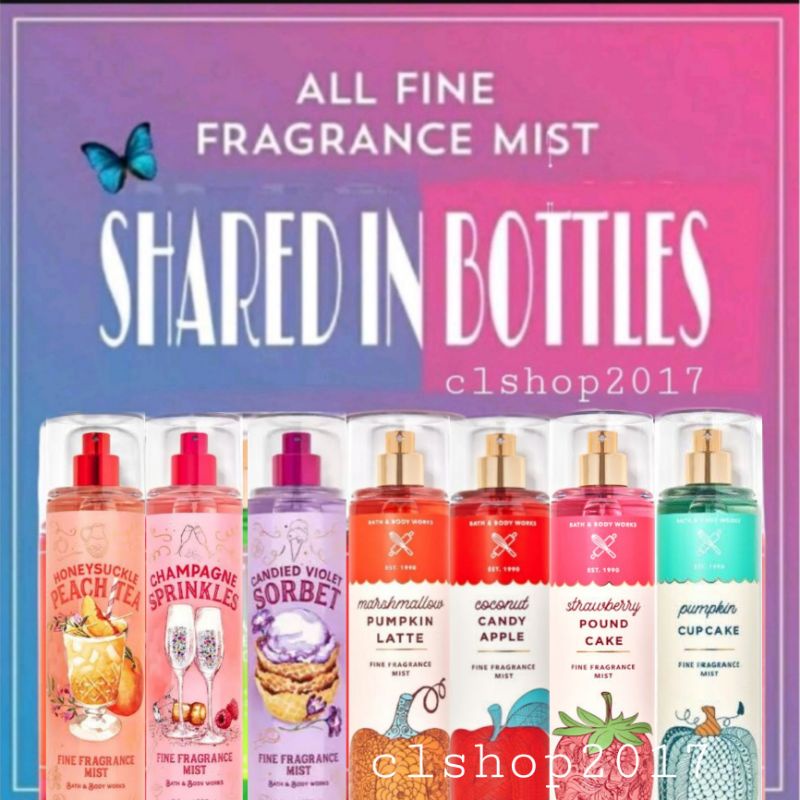 BBW MIST SHARE IN BOTTLE 20 - 25 ML PART 3/6 BLOOMING GARDEN SALTWATER BREEZE WARM VANILLA SUGAR PURE WONDER BLUEBERRY SUGAR PANCAKE PEACH PROSECCO MACAROON ROSE WATER &amp; IVY COCONUT PINEAPPLE PALM CREAM PIE SNOWY CITRUS SWIRL BLACK CHERRY MERLOT SWEET PEA