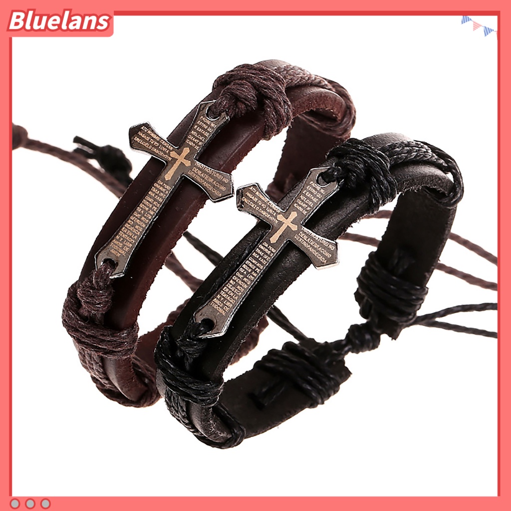 Bluelans Retro Punk Faux Leather Rope Alloy Cross Bible Scriptures Men Adjustable Bracelet