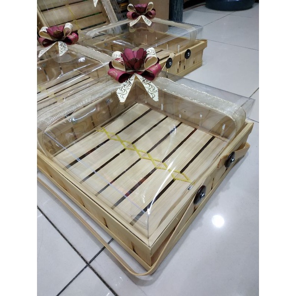 kotak kue bambu natural - box kue seserahan - hantaran uk. 30x30x6x8 + PITA