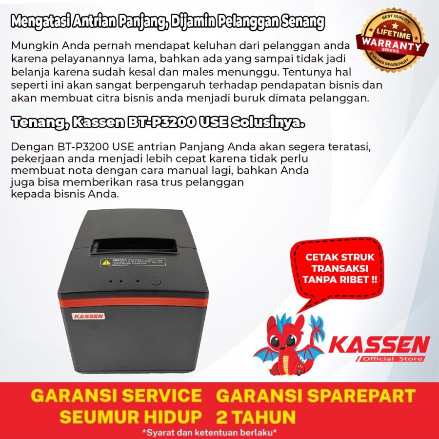 KASSEN BT P3200 USE LAN dan USB auto cutter printer thermal 80mm