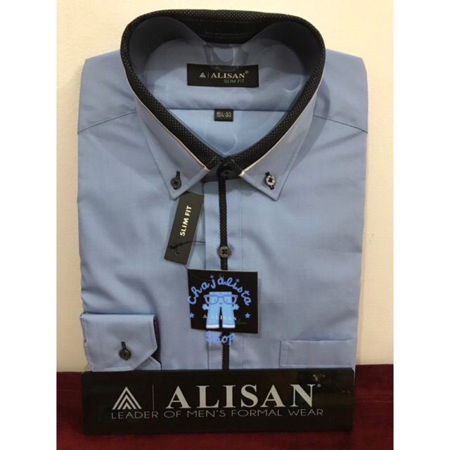 Kemeja Alisan Slim Fit Kombinasi  Polos Panjang Biru  Telor  