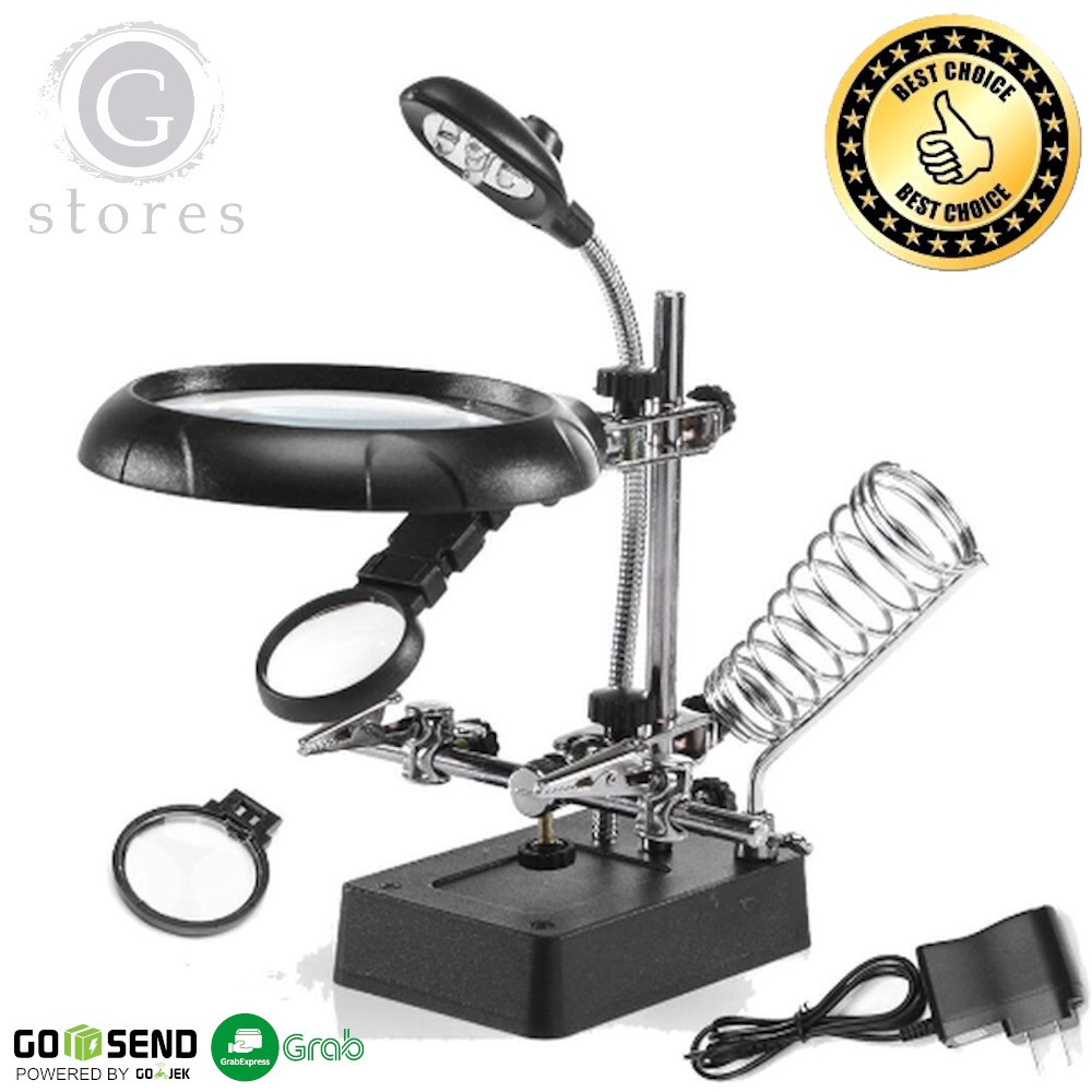 Helping Hand Tool Alat Pegangan Solder Kaca Pembesar Double Lup Lampu 5 LED