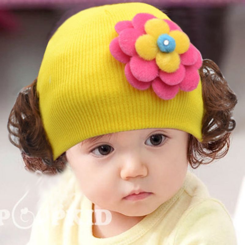 Topi Rajut Bayi Perempuan Kupluk Dengan Rambut Palsu Wig pendek 1-5 tahun