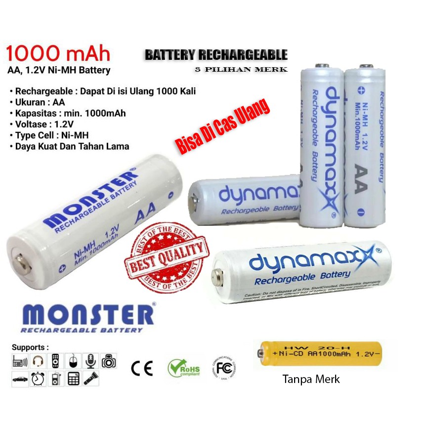 (NCS) COD Baterai Batre Battery Cas Charge AA A2 Rechargeable 1000 mAh 1.2V Dynamax Monster