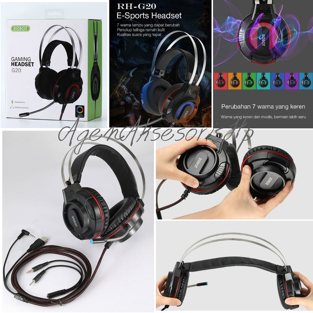 ROBOT Gaming Wired Headset RH-G20 Black with 7 Colour LED Light E-Sports Headset