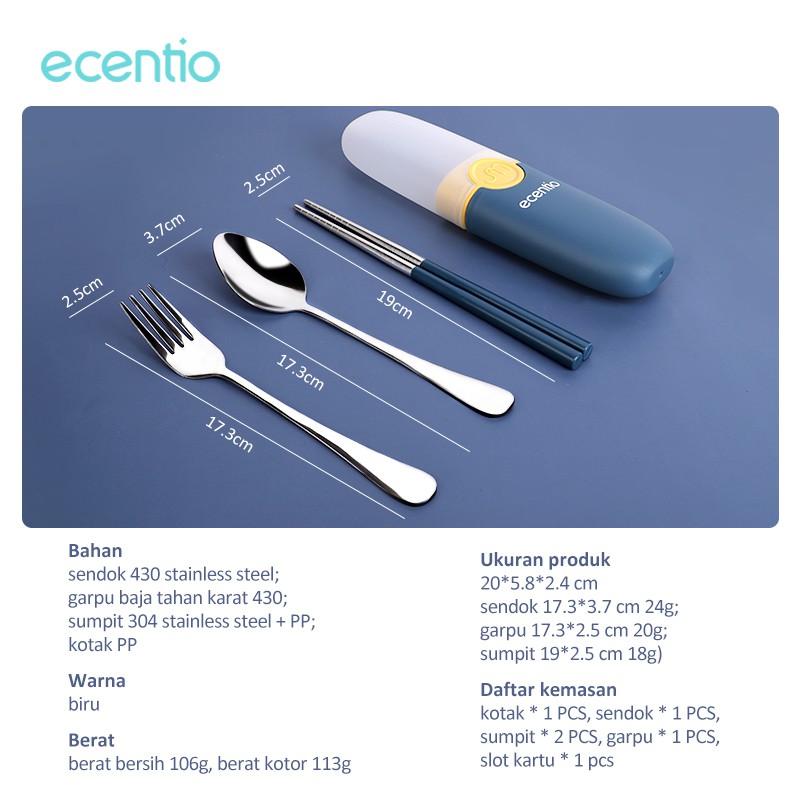 ecentio &amp; FOODI  stainless Sendok sumpit garpu set dengan portabel PP kotak alat makan 3pcs peralatan makan biru Cutlery Set