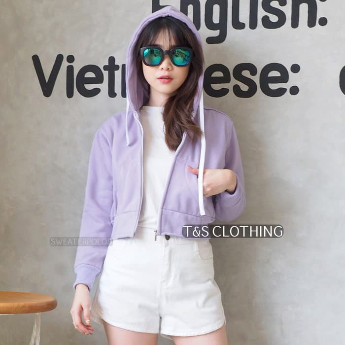 Jaket Crop Hoodie Ungu Muda Wanita