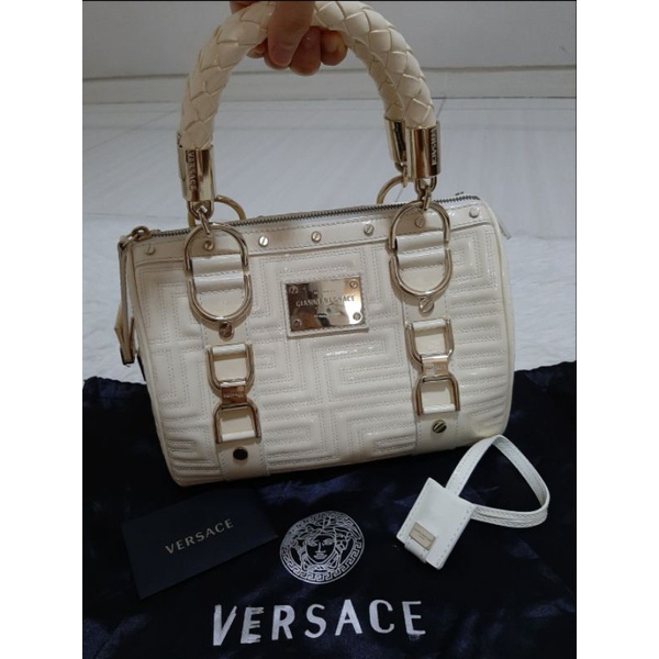 REPRICE. VERSACE SNAP OUT OF IT PATENT LEATHER WHITE SATCHEL TOP HANDLE BAG HANDBAG TAS LUXURY KULIT