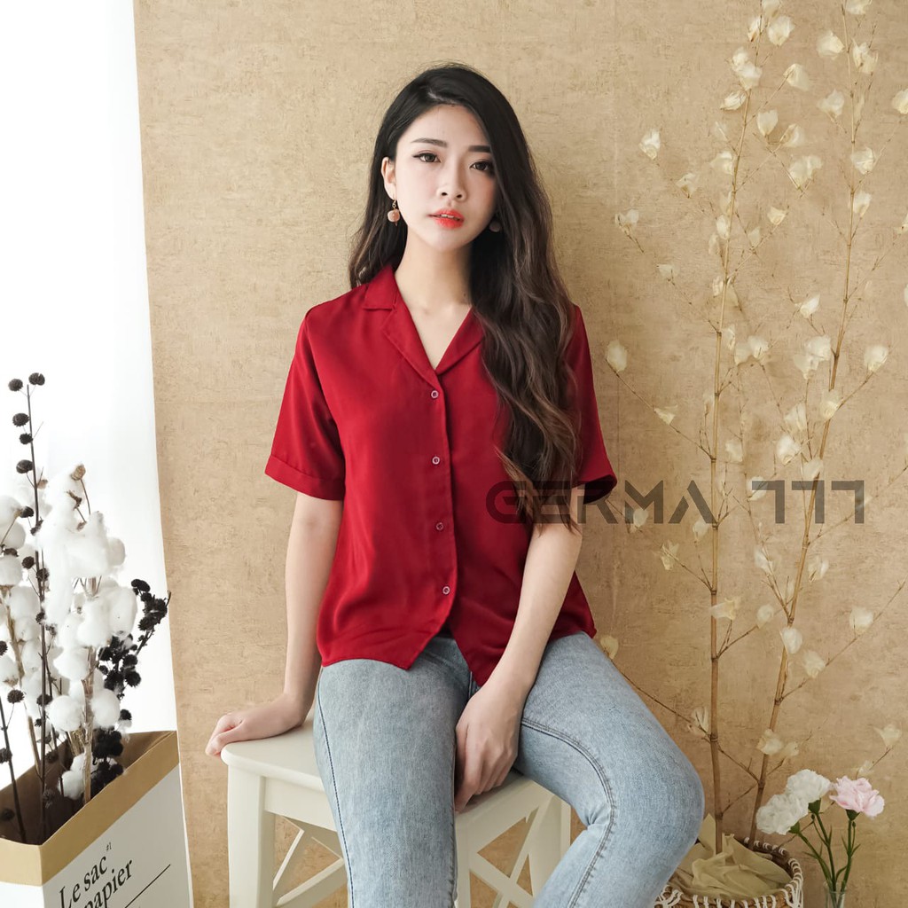Baju Atasan Kemeja Wanita Basic Polos Lengan Pendek Casual Fashion untuk Kuliah Dan Santai-5