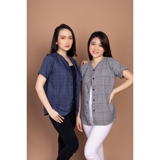 CUTIES TOP - ATASAN KEMEJA CASUAL WANITA KOTAK BUTTON LENGAN PENDEK (KML1)