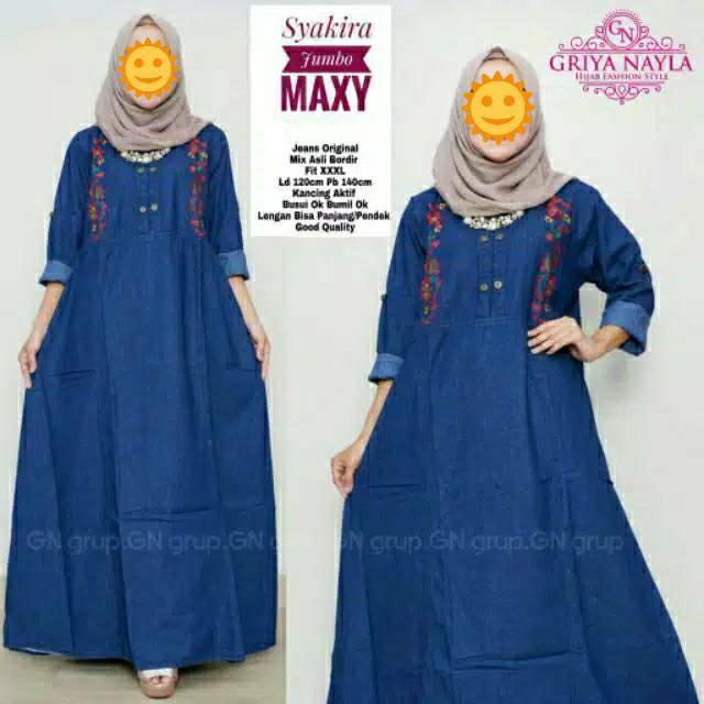 Promo》 Gamis Jeans Jumbo Ld 120 Terbaru Bahan Lembut Murah Busui Motif Bunga