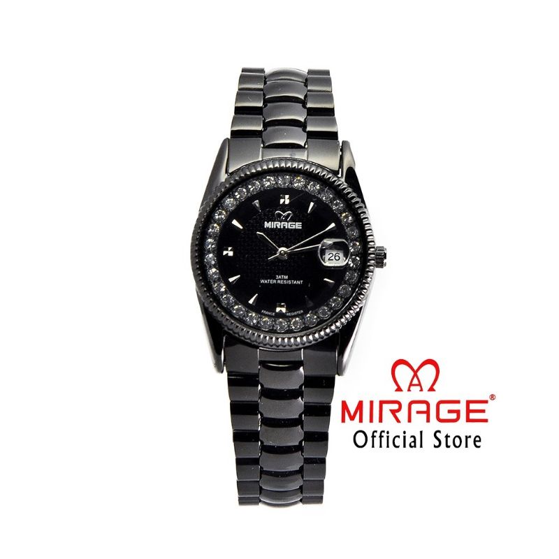 JAM TANGAN WANITA MIRAGE ORIGINAL FULL BLACK WATER PROFF JAM TANGAN WANITA HITAM PERMATA JAM TANGAN WANITA TERLARIS JAM TANGAN RANTAI BESI JAM TANGAN CEWEK TERLARIS FREE BOX DAN BATRAI MIRAGE ORIGINAL