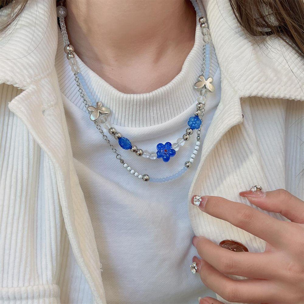 Mxbeauty Kalung Wanita Untuk Anak Perempuan Vintage Biru Liontin Manik-Manik Double Layer Leher Perhiasan