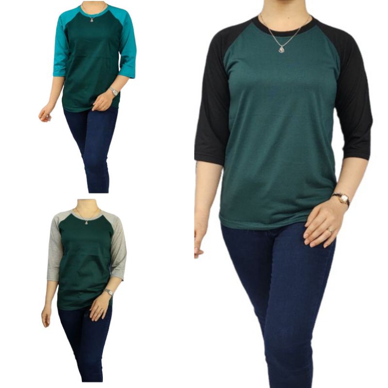 Kaos Polos Raglan Lengan 3/4 Pria Wanita Dewasa Warna Hijau Botol