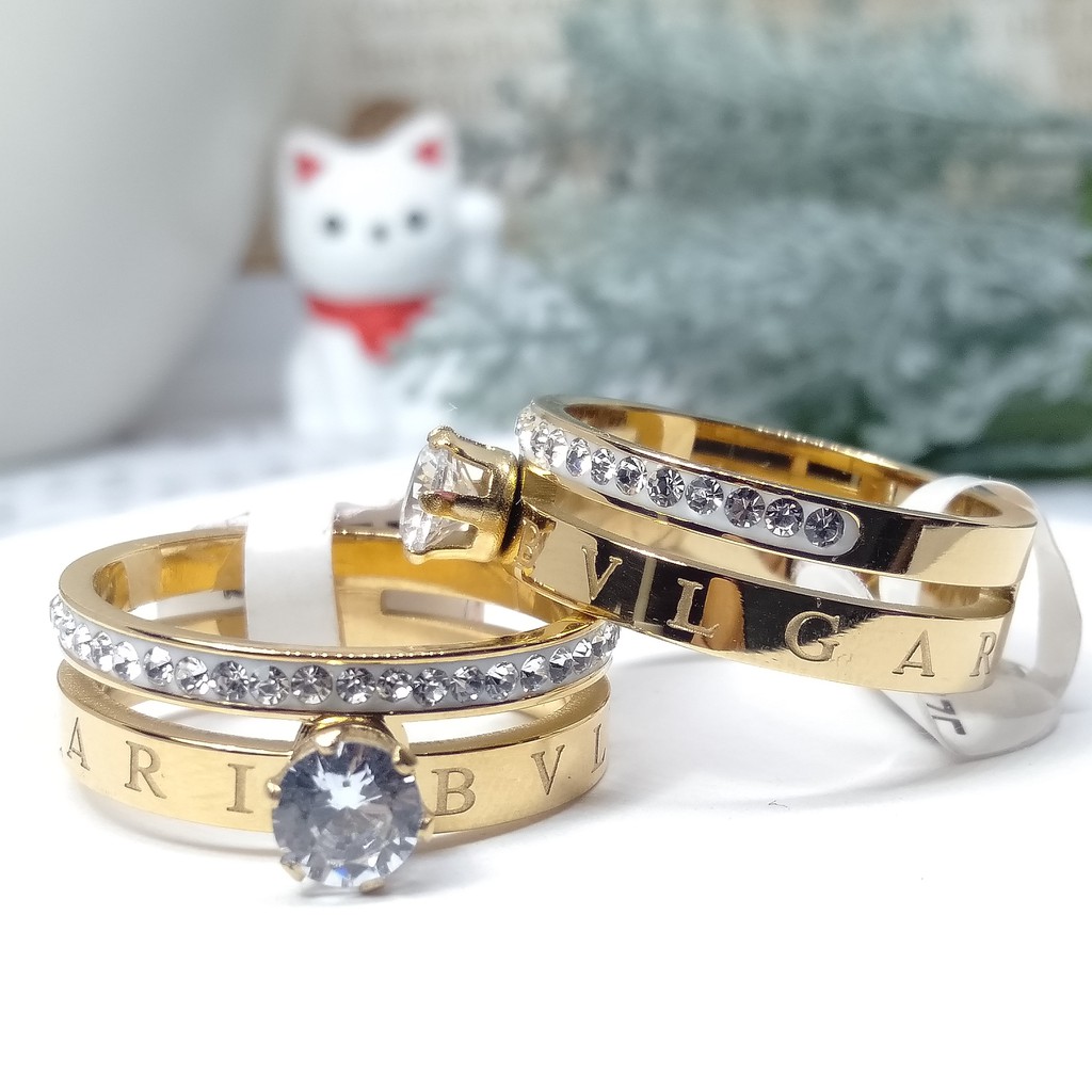 XMJ*SHOP - CINCIN WANITA TITANIUM 100% ASLI ANTI KARAT BVLGARI DOUBLE RING PERMATA