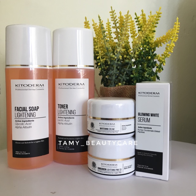 Kitoderm paket glowing & whitening isi 5 (Fs.O, T.O, Whitecream, Pink03, Glowing white serum)