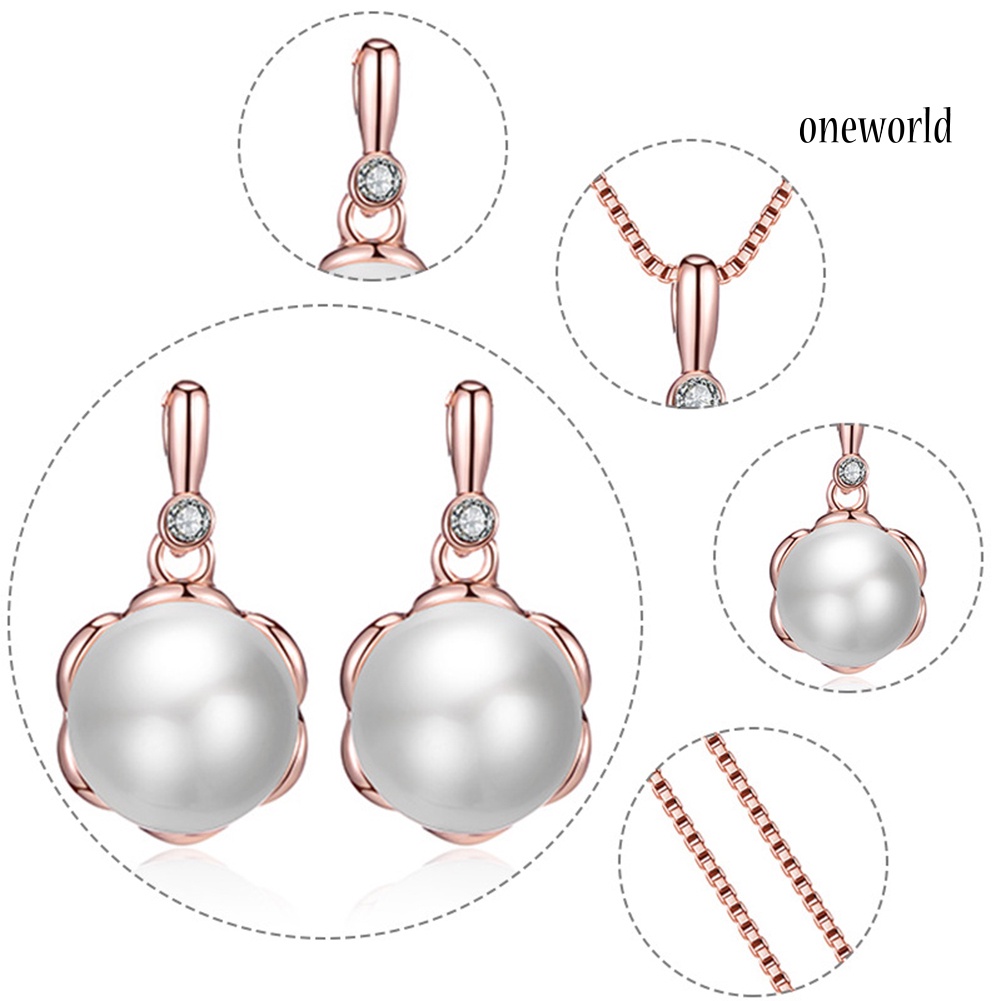 OW@ Ladies Round Faux Pearl Rhinestone Inlaid Pendant Necklace Earrings Jewelry Set