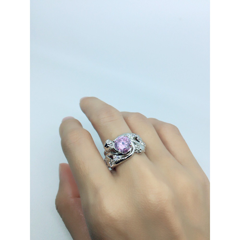 Cincin Lapis Emas Putih Batu Pink Rangka Tebal Bentuk Bunga - BR211