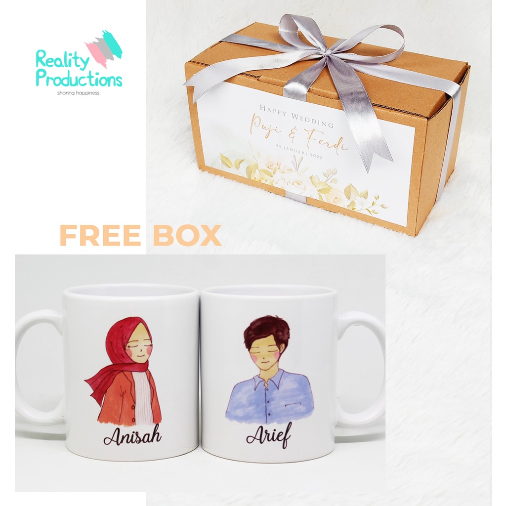 Mug Couple Doodle Pengantin Hijab Cantik untuk Kado Pernikahan